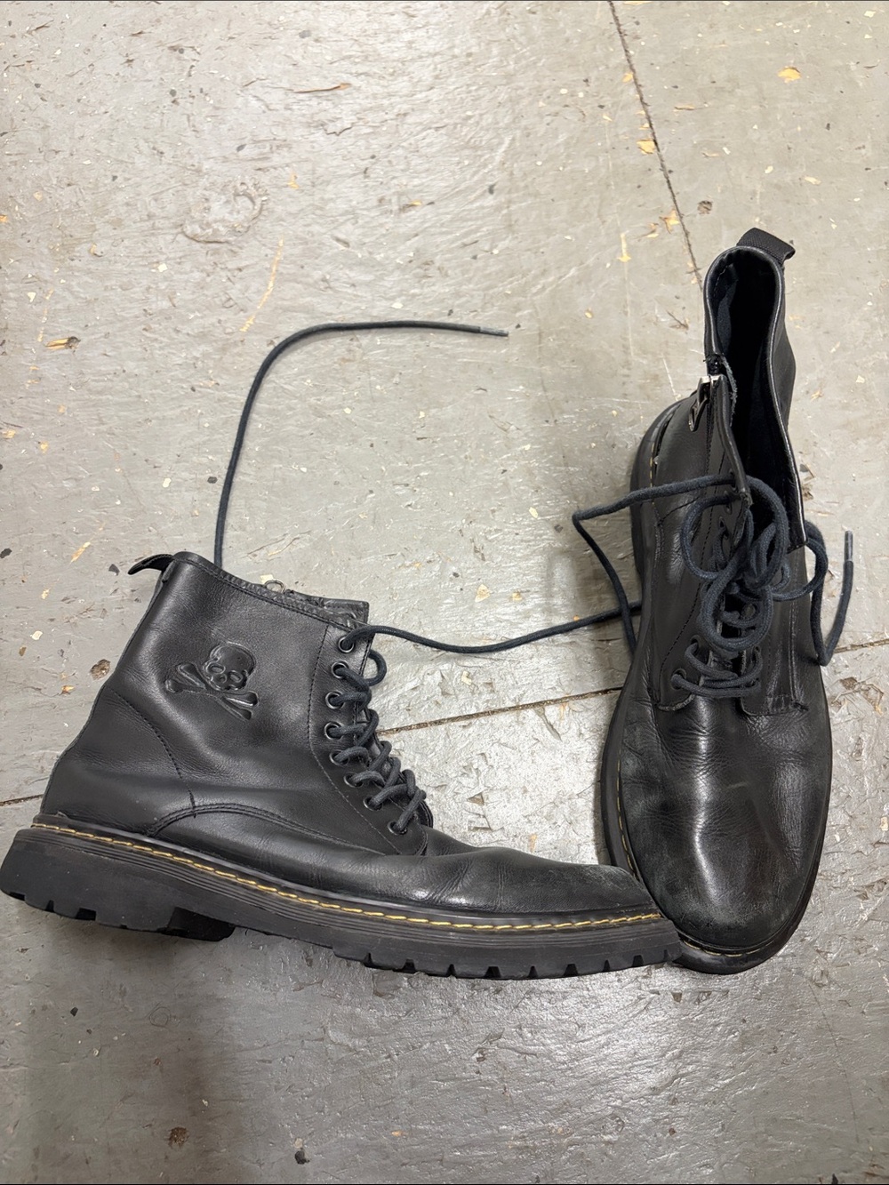 Men's Black Leather Lace-Up Combat Boots with Skull Detail